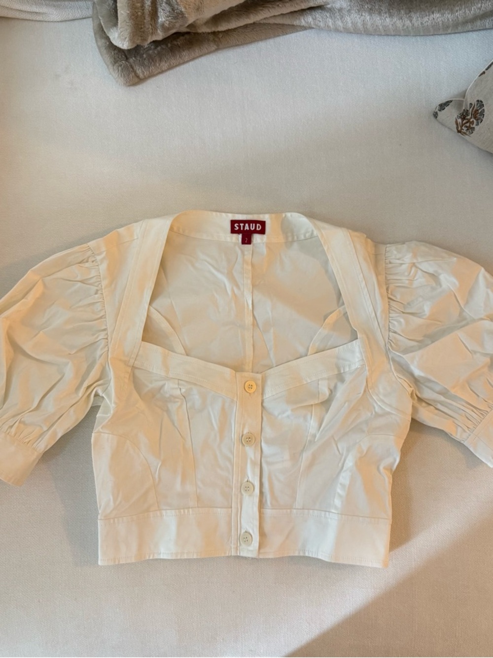 STAUD Cream Button-Front Crop Top with Puff Sleeves